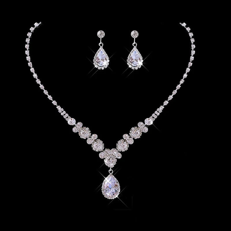 Women's Jewelry Set Glittery Zircon Necklace Dangle Earrings Wedding Bride Silvery Neck Pendant Ear Decor Gift for Girls LL@17