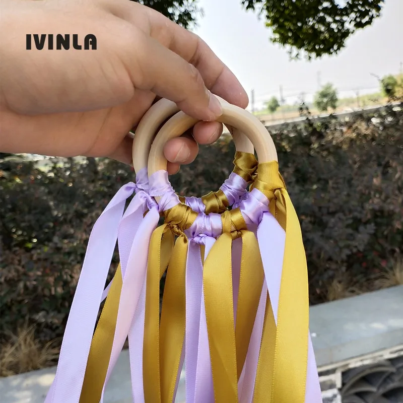 

20pcs gold and purple Stain ribbon Wooden Ring Waldorf Hand Kite Toy