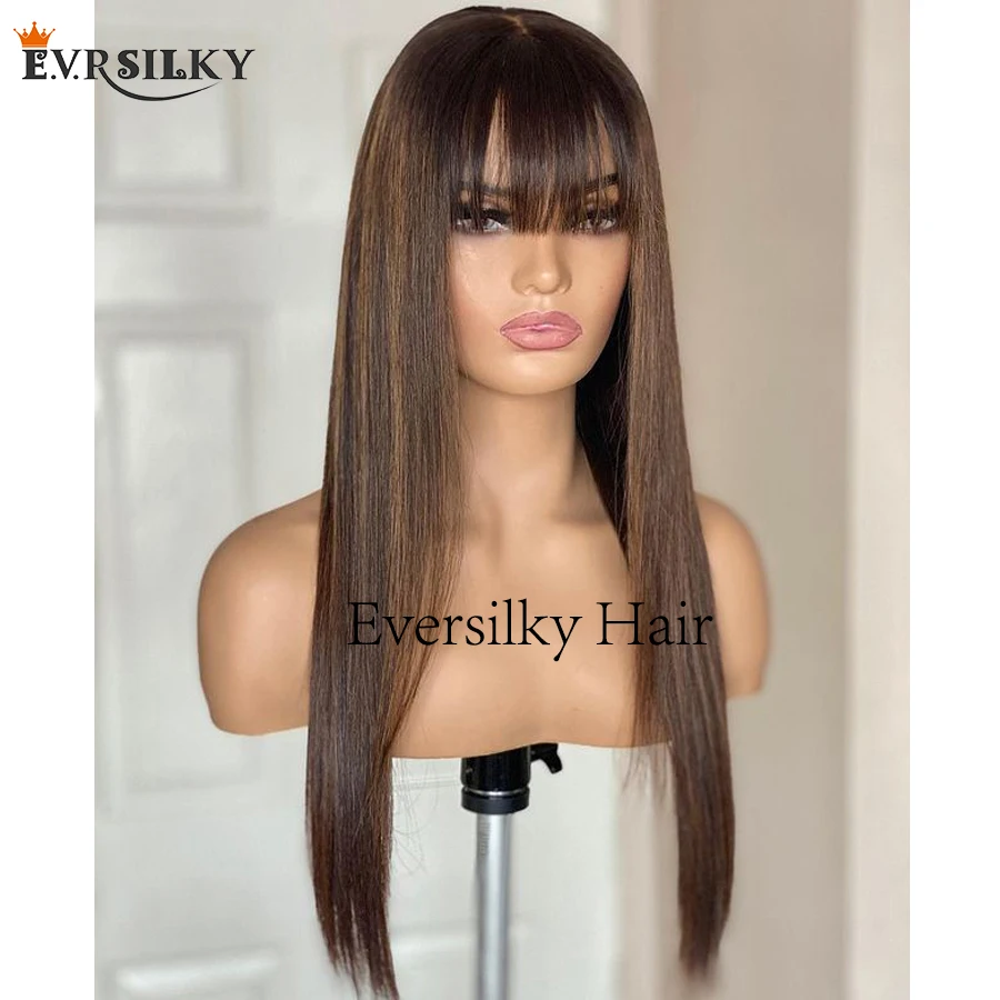 200Density Silky Straight Fringe Human Hair Wigs with Bangs Glueless Highlight Brown 13x6 Deep Part Lace Front Wigs Remy Hair