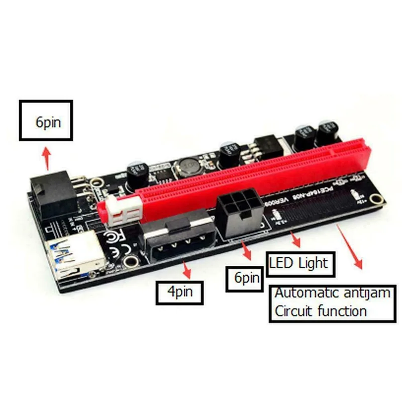 Карта расширения VER009S PCI-E, 60 см, адаптер PCIE 1X 16X, двойной светодиодный индикатор, кабель USB 3,0, 6 контактов, 4 контакта, питание для графической карты для майнинга