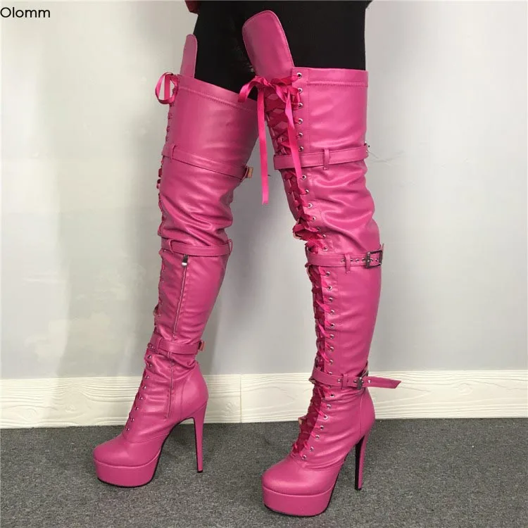 Olomm Handmade Women Platform Thigh High Boots Stiletto High Heels Round Toe Fuchsia Club Shoes Women Plus US Size 5-15