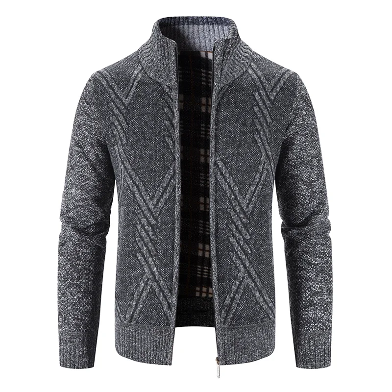 Classic Men\'s Sweater Coat Casual Turn-down Cardigan Fashion Stripe Zipper Up  Long Sleeve Thermal Fleece Jumper Jacket