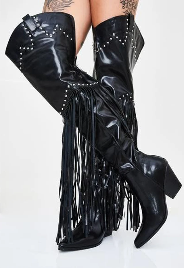 Roman Fashion Woman Small Rivets Studs Fringed Thigh High Boots Chunky Heel Woman Pointed Toe long Tassel Over Knee Knight Boots