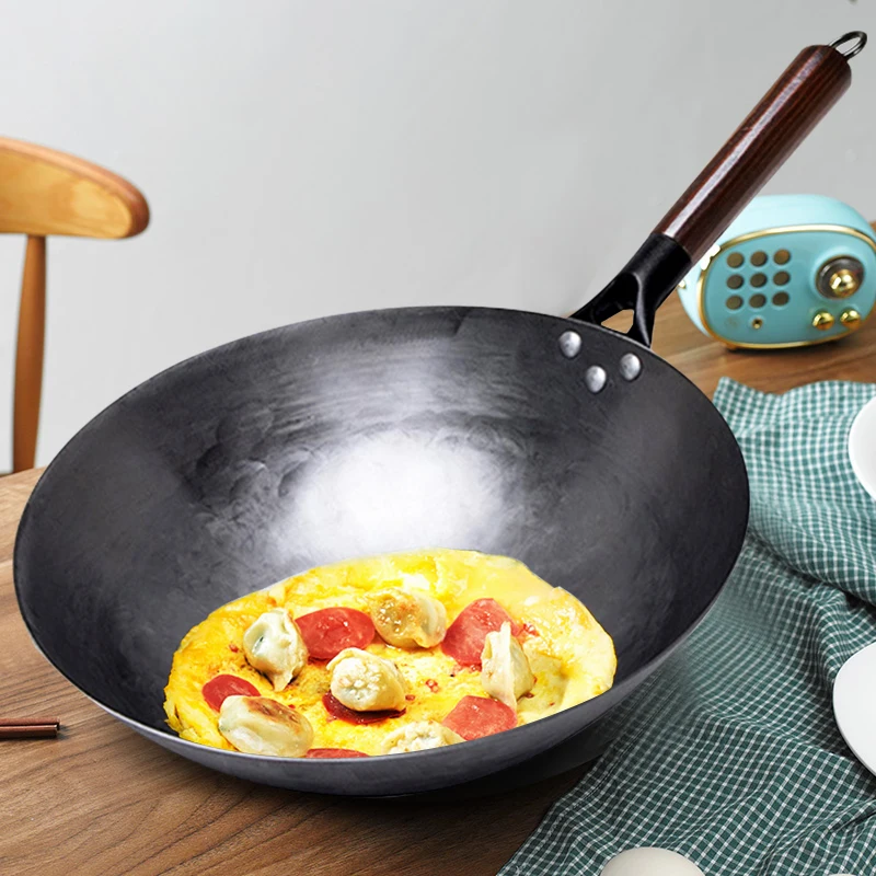 Non-coating Iron Wok Chinese Traditional Handmade Wok For Kitchen Pan Wooden Handle For Gas Cookware 1 to 2 People