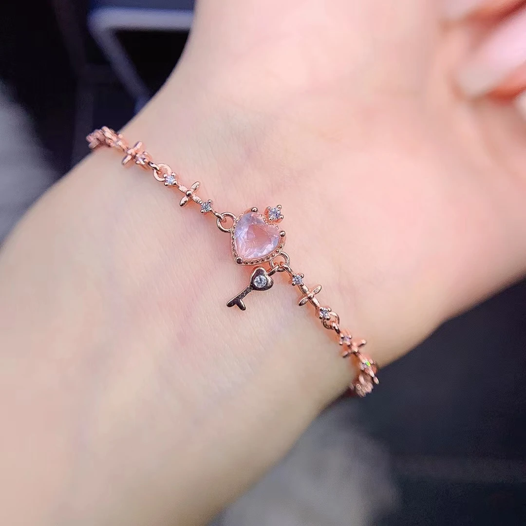 Fine Jewelry 925 Sterling Silver Inset With Natural Gem Women's Luxury Trendy Heart Rose Quartz Hand Bracelet Support Detection