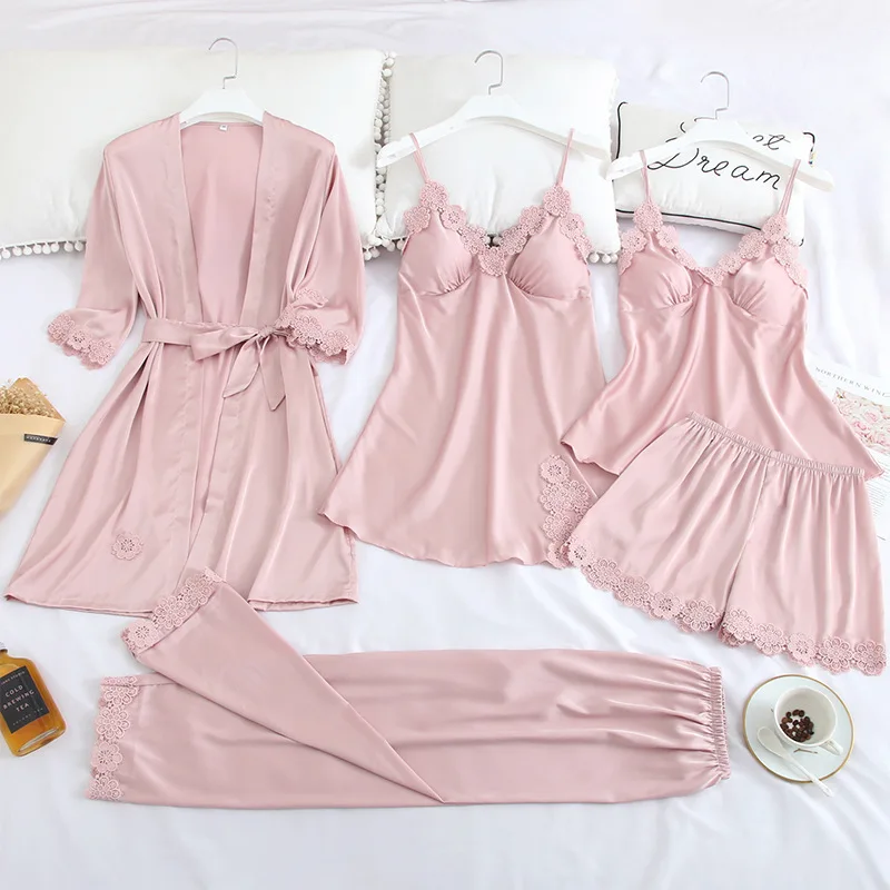 Women Pajamas 5/4/2/1 Pieces Satin Sleepwear Pijama Silk Home Wear Home Clothing Embroidery Sleep Lounge Pyjama with Chest Pads