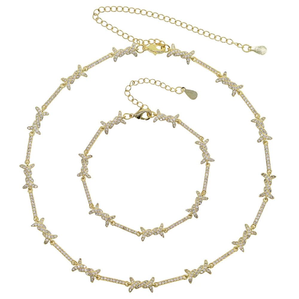 New Geometric CZ Bar Barbed Wire Charm Choker Necklace Bracelet High Quality Gorgeous Women Necklace Bracelet Set
