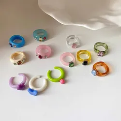 New Fashion Colorful Acrylic Rhinestone Resin Rings For Women Girls Korean Transparent Geometric Square Round Rings Jewelry 2021