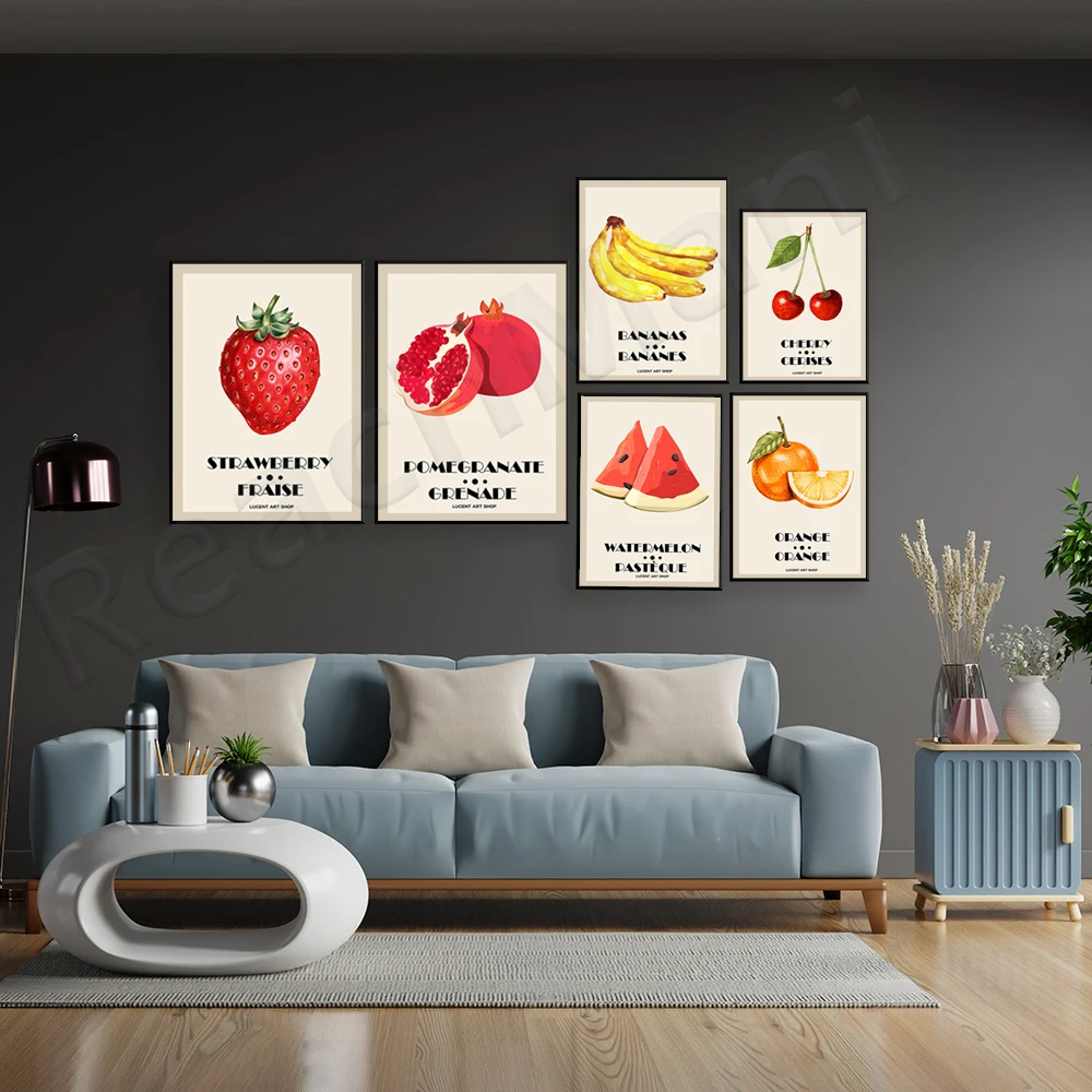 Fruit market poster, orange, watermelon, cherry, lemon, pomegranate, banana, strawberry, fruit illustration, fruit art print