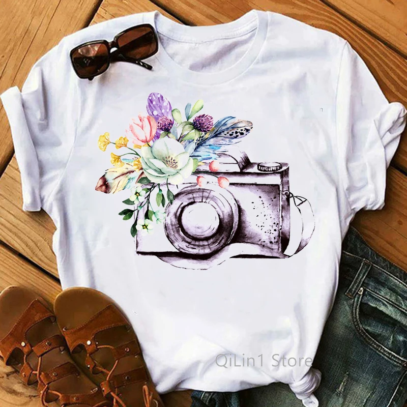 

Vintage Camera With Flowers Print T Shirt Women Lovely Tee Shirt Femme Summer Top Female Casual T Shirt Girls Clothes Camisetas