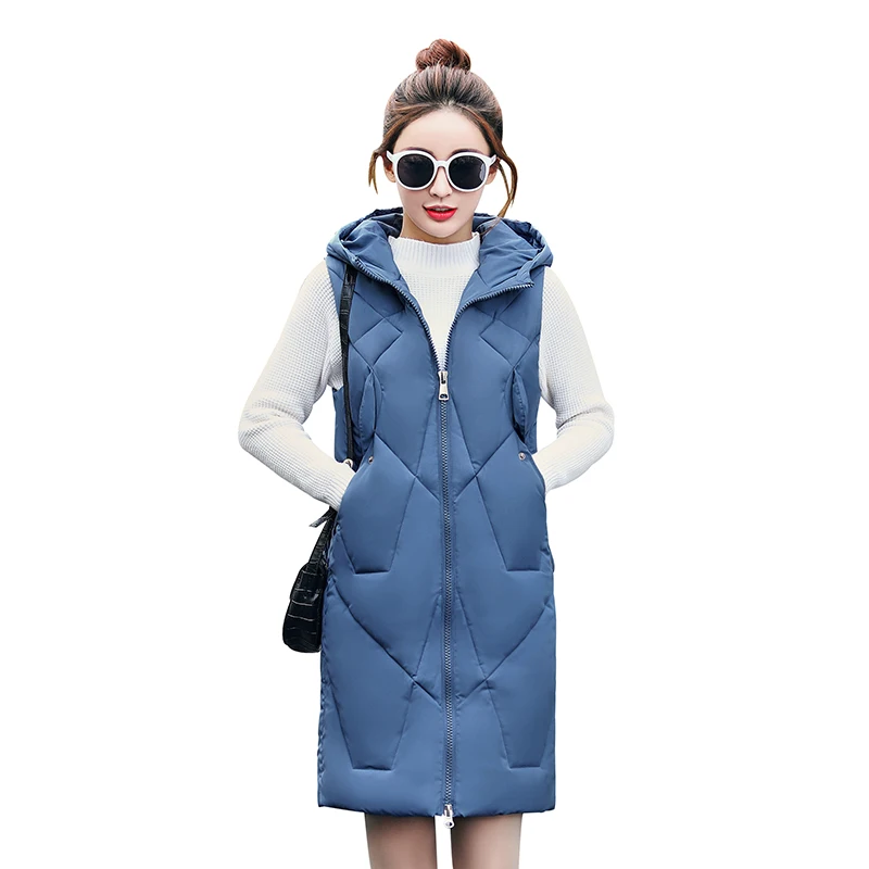 

2024 Plus Size Women Vest Winter Jacket Pocket Hooded Coat Warm Casual Cotton Padded Vest Female Long Slim Sleeveless Waistcoat