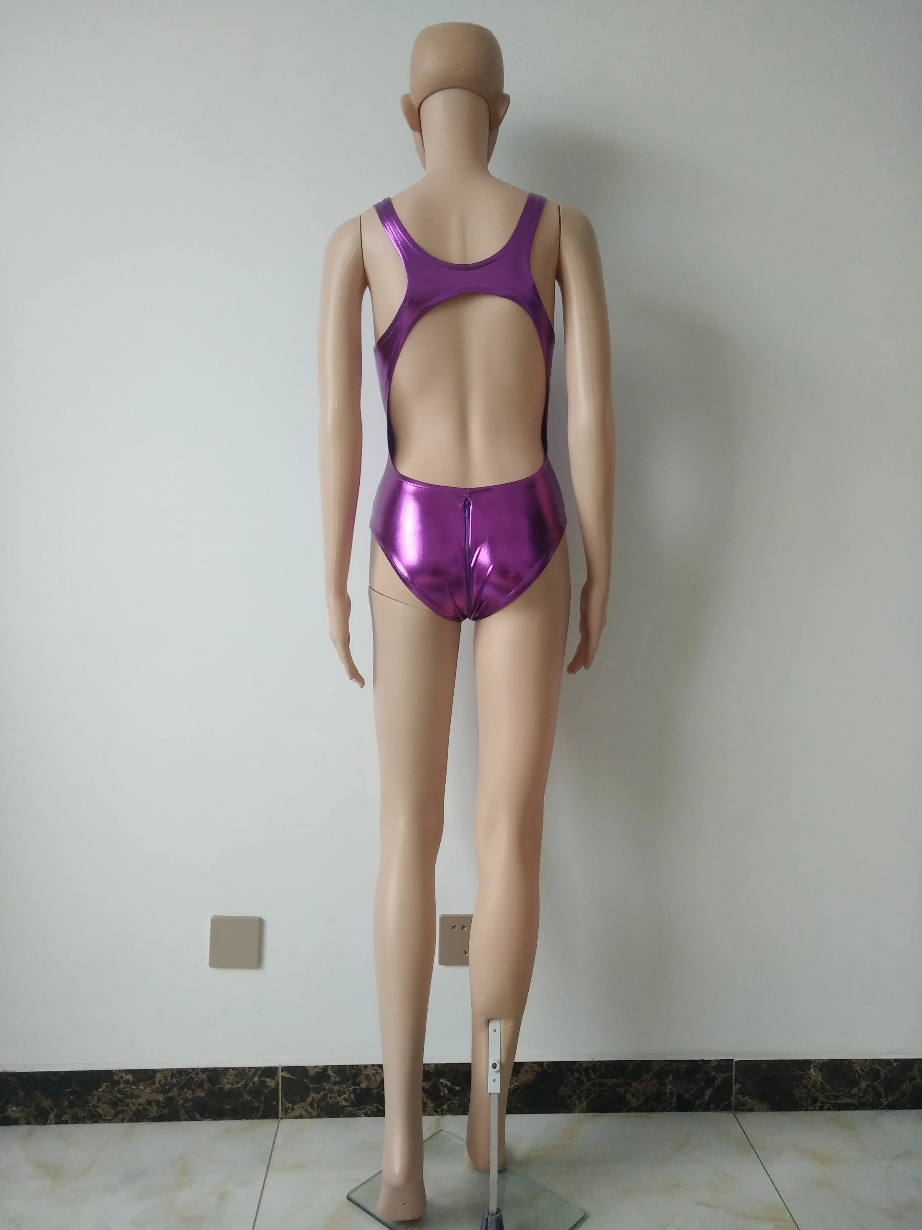 Shiny metallic girls short Bodysuit Zentai Costume One Piece Swimwear Swimsuit with Crotch zipper