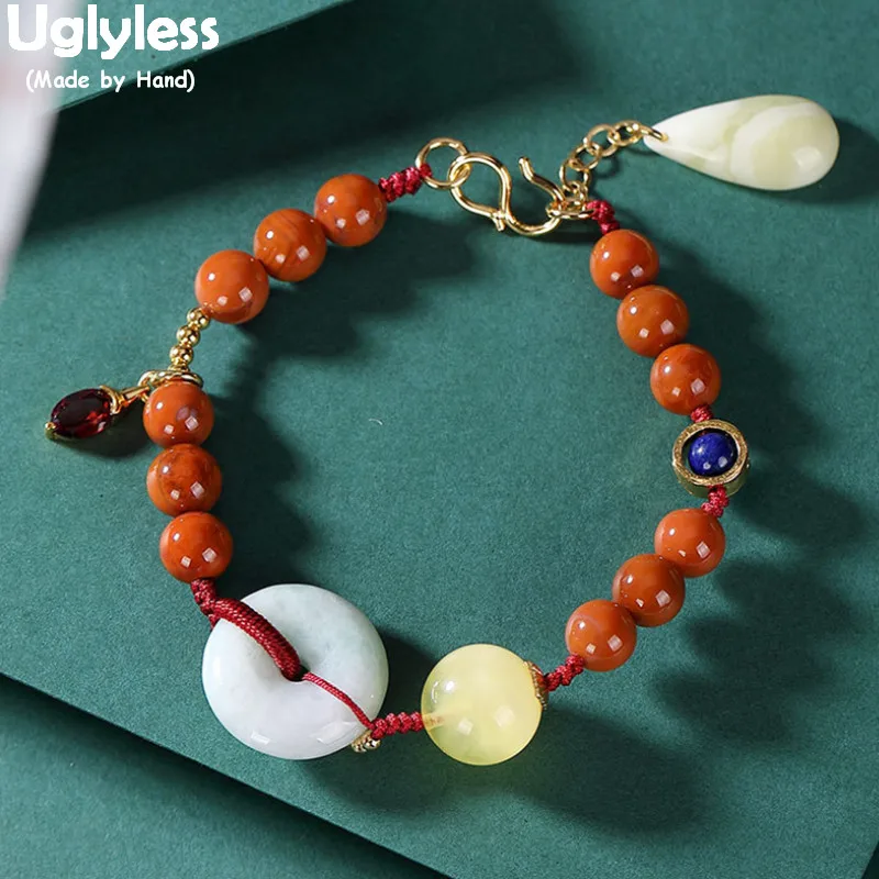 

Uglyless Pretty Coral Red Meaty Agate Bracelets for Women Natural Amber Beeswax Emerald Lapis Bracelet 925 Silver Luxury Jewelry