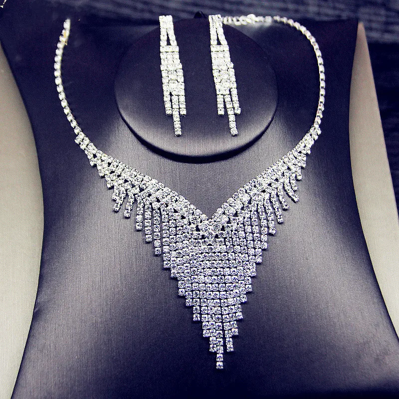 FYUAN Luxury Geometric Rhinestone Necklace Earrings For Women Long Tassel Bridal Weddings Jewelry Sets