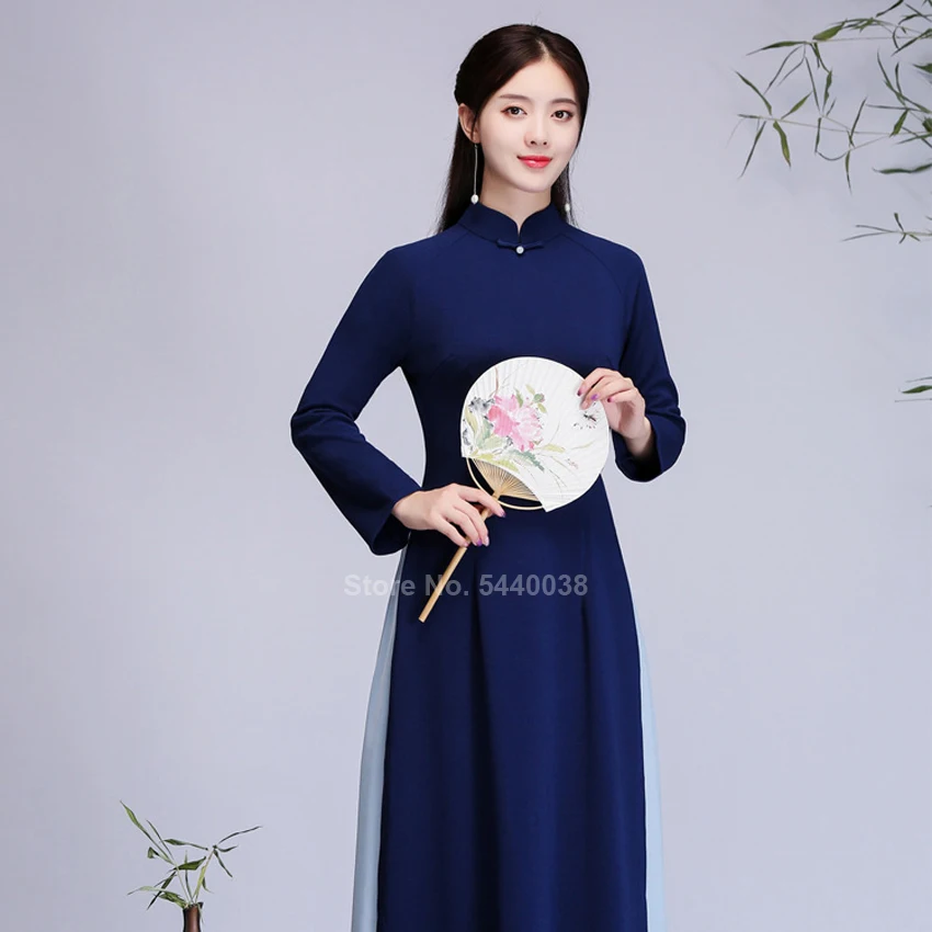 Oriental Vietnam Ao Dai Patchwork Tight Bodycon Women Cheongsam Qipao Dress Traditional Chinese Costumes New Year Wear