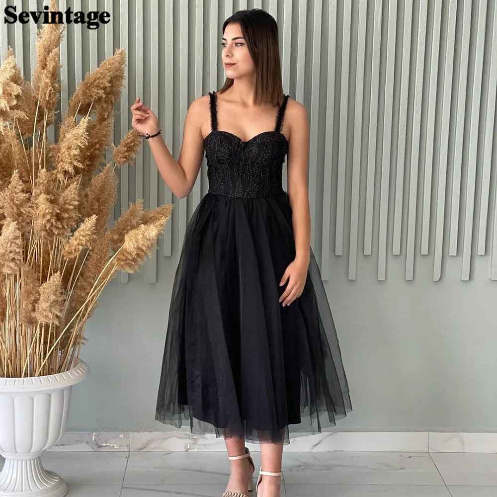 

Sevintage Black Shiny Sequines Short Evening Dresses Straps A Line Formal Prom Dress Tea-Length Maxi Women Gowns Cocktail Party