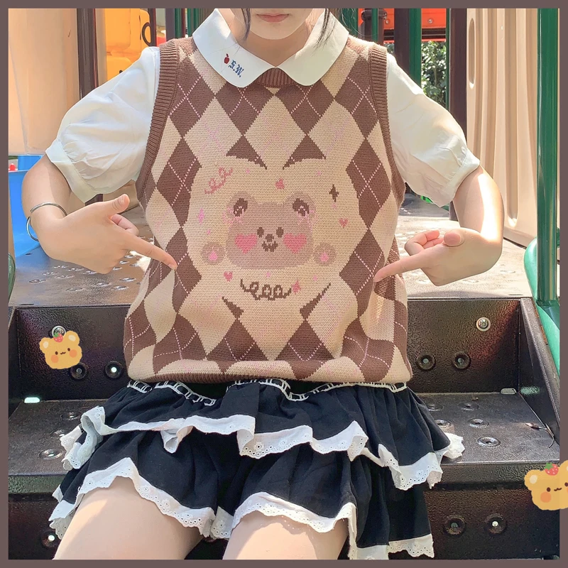 

Japanese Preppy Style Sweet Soft Girly Kawaii O-Neck Cute Sleeveless Vintage Heart-shaped Bear Pullover Knitting Vest Sweater