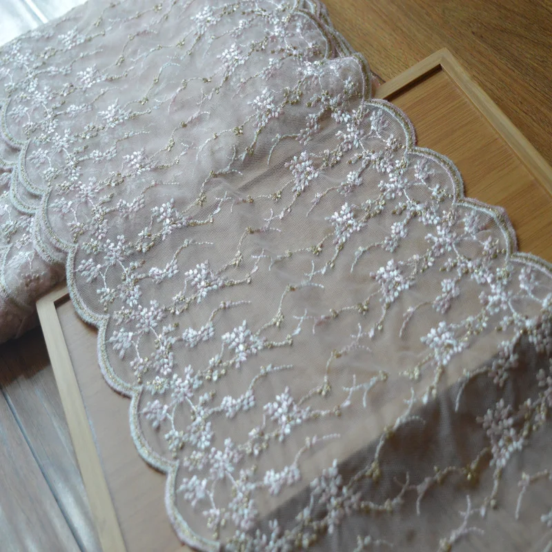 2Y 26cm Wide Translucent Pink Gauze Gold Thread Embroidery Mirror Floral Lace Hight Quality Lace Fabrics Embroidered Lace