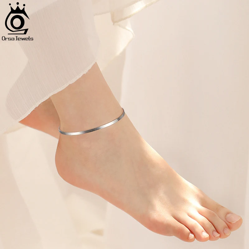 ORSA JEWELS Soild 925 Sterling Silver 2.5mm Flat Snake Chain Anklet Minimalist for Women Beach Daily Summer Jewelry Gift SA12