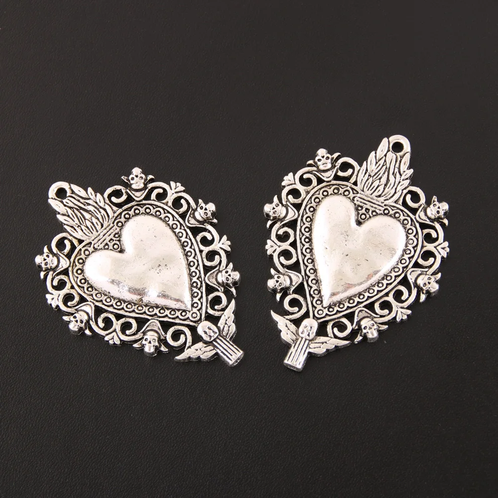 10pcs Silver Color Sacred Heart Charms Traditonal Corazon Pendants DIY Handmade Jewelry Making Accessorie