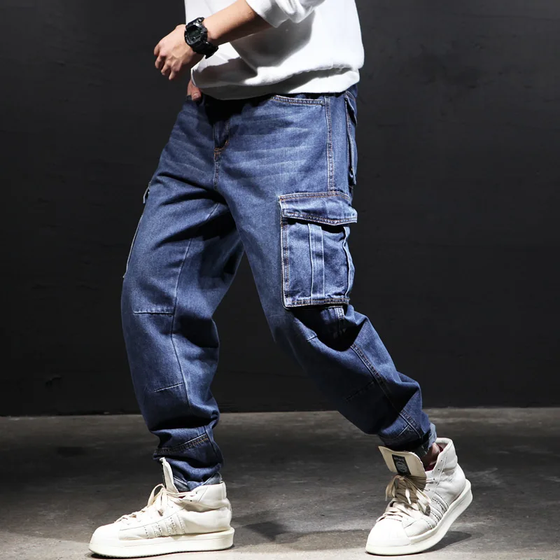 Idopy Men`s Cargo Jeans Hip Hop Street Style Loose Fit Multi Pockets Plus Size Denim Pants Trousers For Hipster 29-42