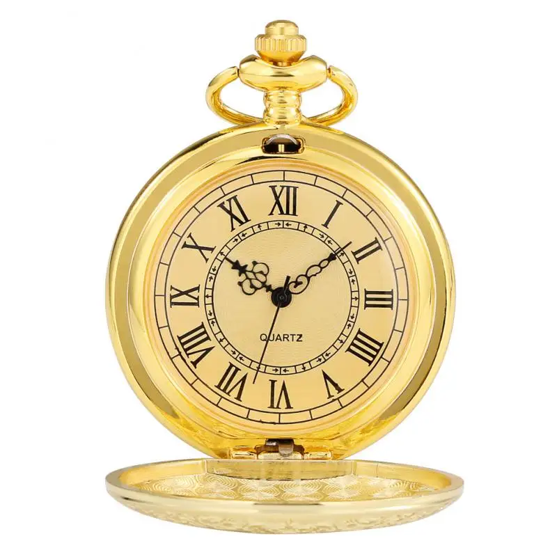 Luxury Gold Shield Quartz Pocket Watch Chic Floral Rattan Flowers Necklace Analog Pocket Clock Pendant Practical Collectibles