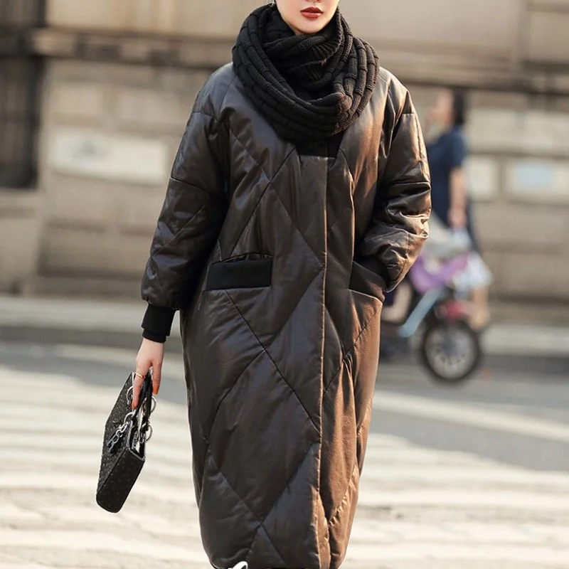 Women Winter Genuine Leather Down Coat Street 100% Real Sheepskin Bomber Jacket Fashion Casual V Neck Loose Fit Female Overcoat