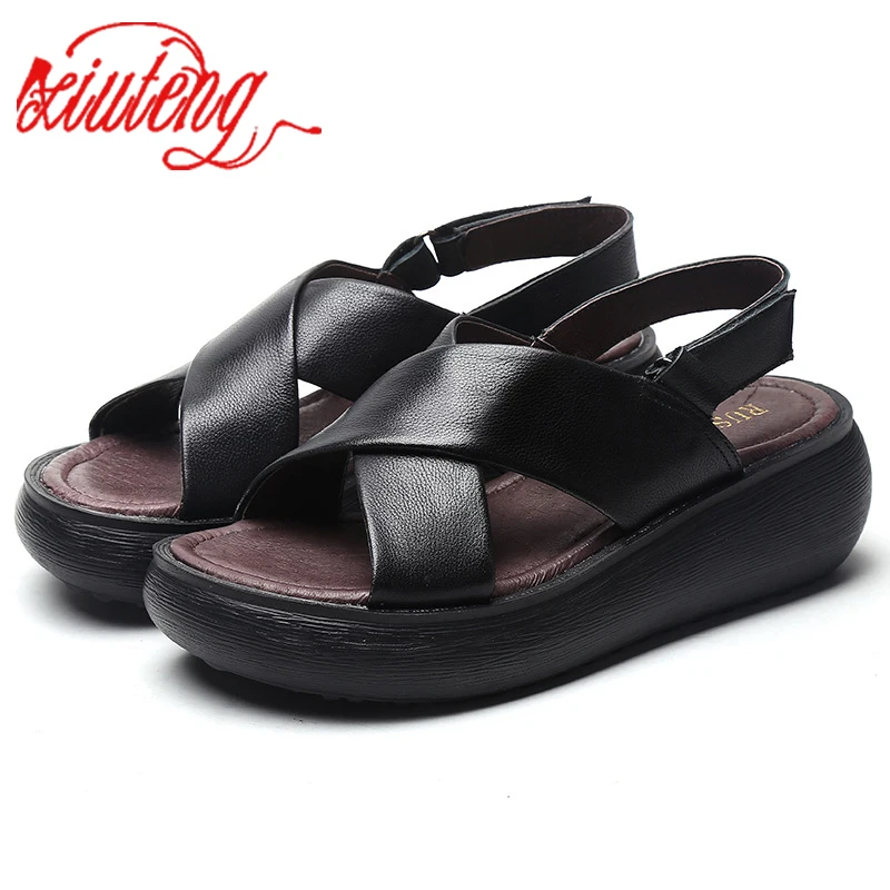 XT 2022 New Top Cowhide Breathable Leather Sandals Women Shoes Sandals Light Thick Bottom Wedges Sandals Summer Fashion Sandals