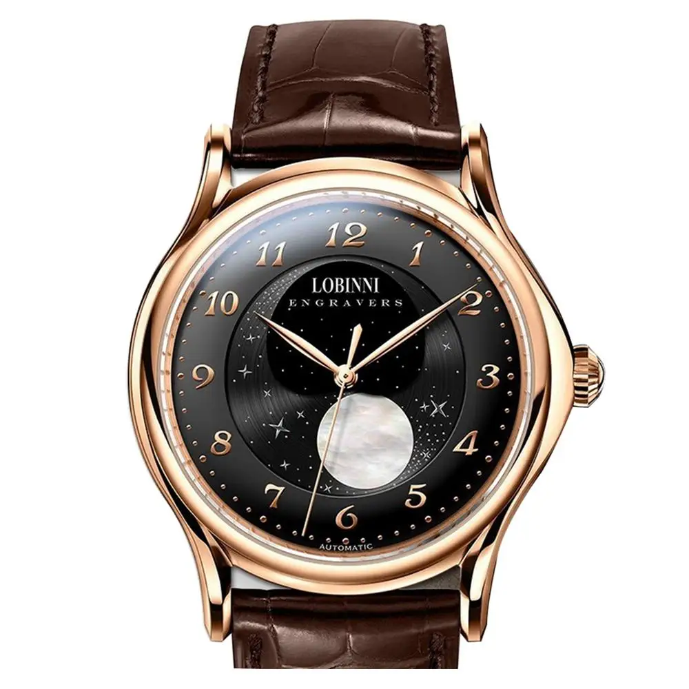 LOBINNI мужские автоматические часы с фазой Луны 42 мм механические наручные часы 50 м водонепроницаемое сапфировое зеркало
