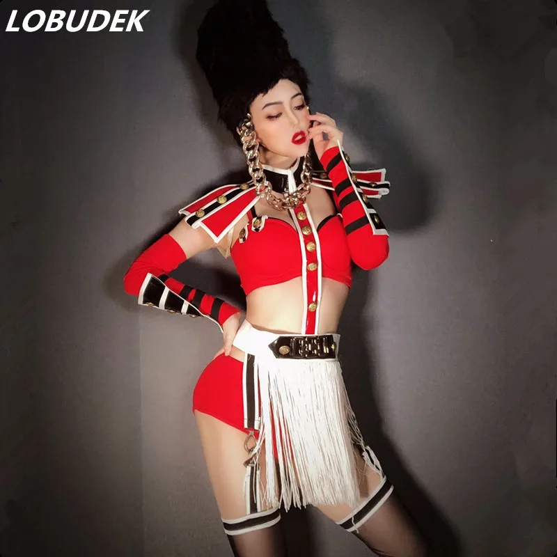 

Women Vintage Costume Red Army Uniform Dance Outfit DJ Singer Dancer Team Performance Clothes Nightclub Bar Groups Stage Wear