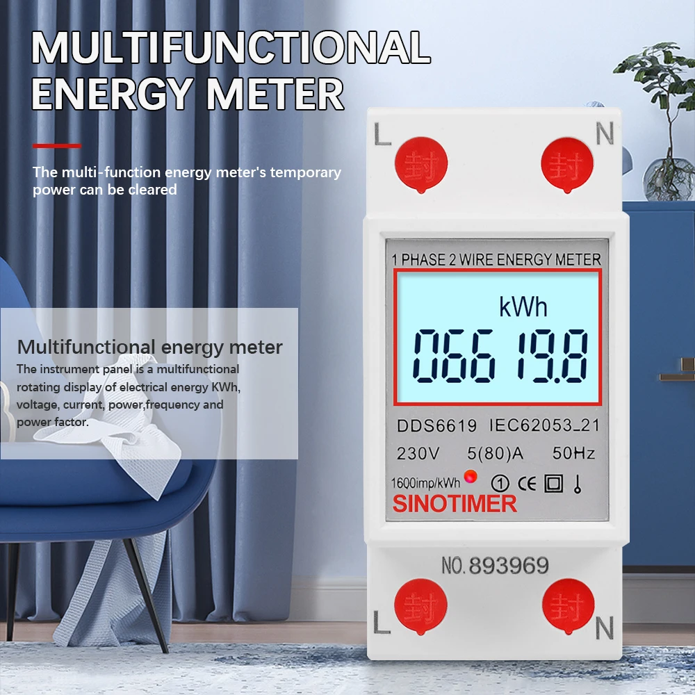 Single Phase LCD Digital Display Wattmeter DIN Rail Power Consumption Energy Electric Meter kWh AC 230V 50Hz Electric Tester