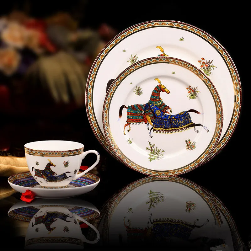 European classical example room hotel restaurant ceramic bone China coffee cups and saucers western food steak disk knife and fo