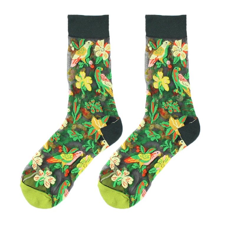 France Hipster Design Glass Silk Floral Bird Funny Socks Women Transparent Streetwear Art Sokken Jacquard Calcetines Divertidos