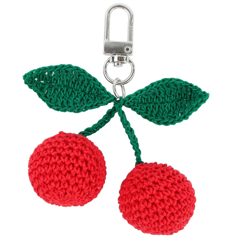 Cute Handmade Knitting Wave Big Cherry Strawberry Key Chains for Women Fruit Earphone Cover Keychains Bag Car Key Holder Gift