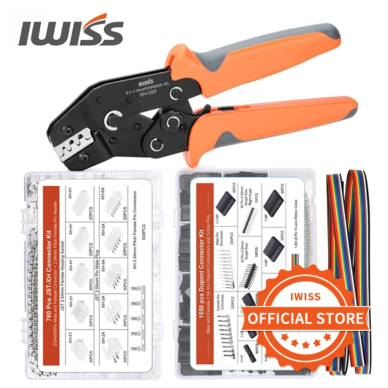 iwiss sn025 kit de ferramentas crimper alicate conjunto com 1550 pecas 254 mm dupont terminais e 760 pecas 254 mm jst xh conectores 01