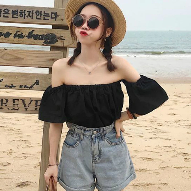 T-shirts Womens Summer Slash Neck Off Shoulder Solid Sexy Chic Loose All-match Crop Tops Elastic Girlish Fairy  White New