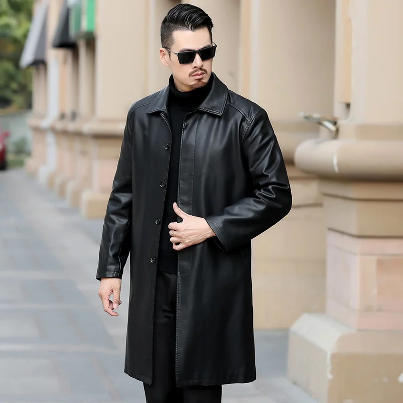 

Men Winter Detachable Fox Fur Collar Leather Long Jacket Designer Luxury Single Breasted Warm Business Casual Coat Overcoat