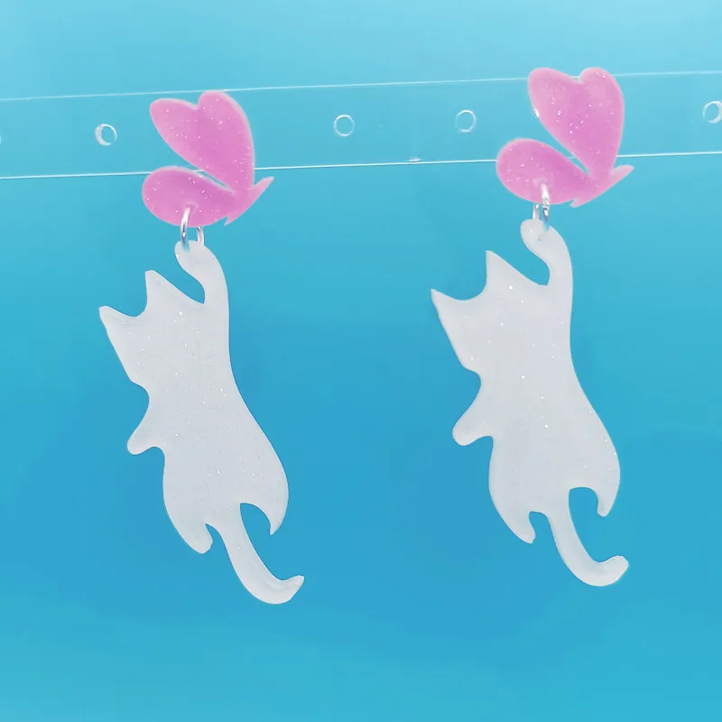 KUGUYS Cat Catches Butterfly Drop Earrings for Women Glitter Pink White Kittens Acrylic Jewellery Cute Girls Kids Accessories