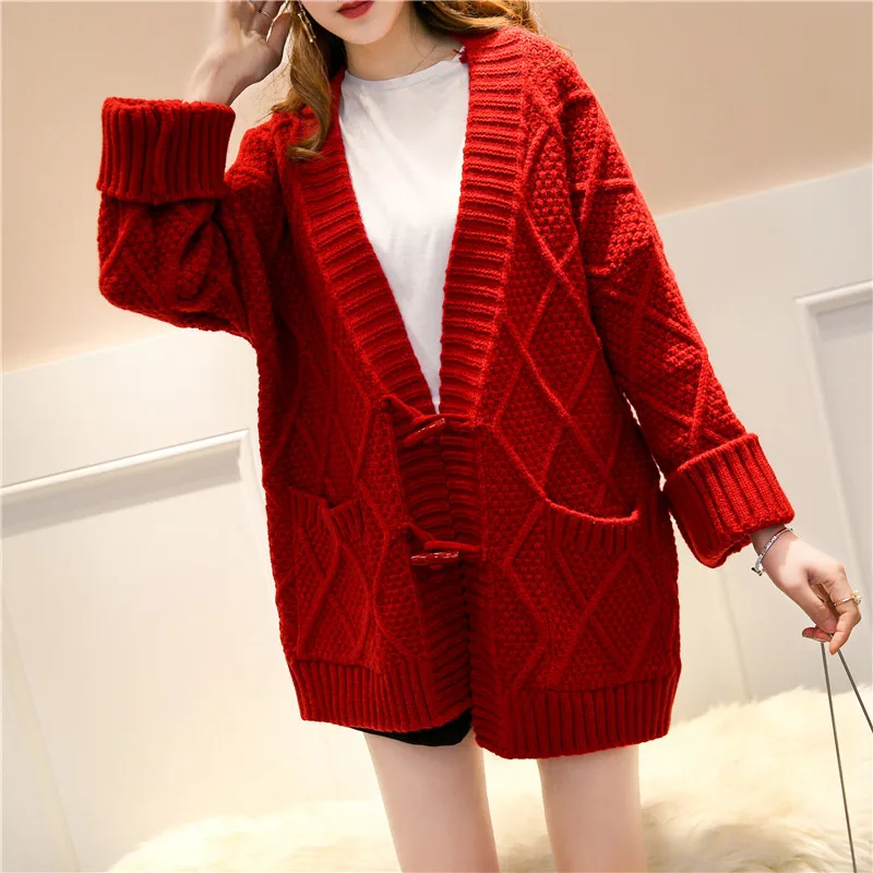 Red Thick Warm Knitted Sweater Women Student Tops Autumn Winter Fashion Casual Loose Big Pocket Knit Cardigan Ladies Jumper