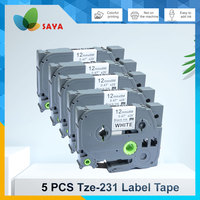 Saya TZE-231 P-Touch Label Marker Tape 12mm TZe Tape tze231 for Brother PTH110 D600 P750 Black on White waterproof label 5 Pack