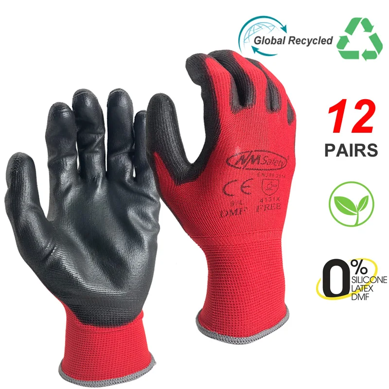 24 Pieces/12 Pairs Industrial Working Gloves 13 Gauge Knitted Red Nylon Dipped PU Nitrile Coated Palm Security Protective Gloves