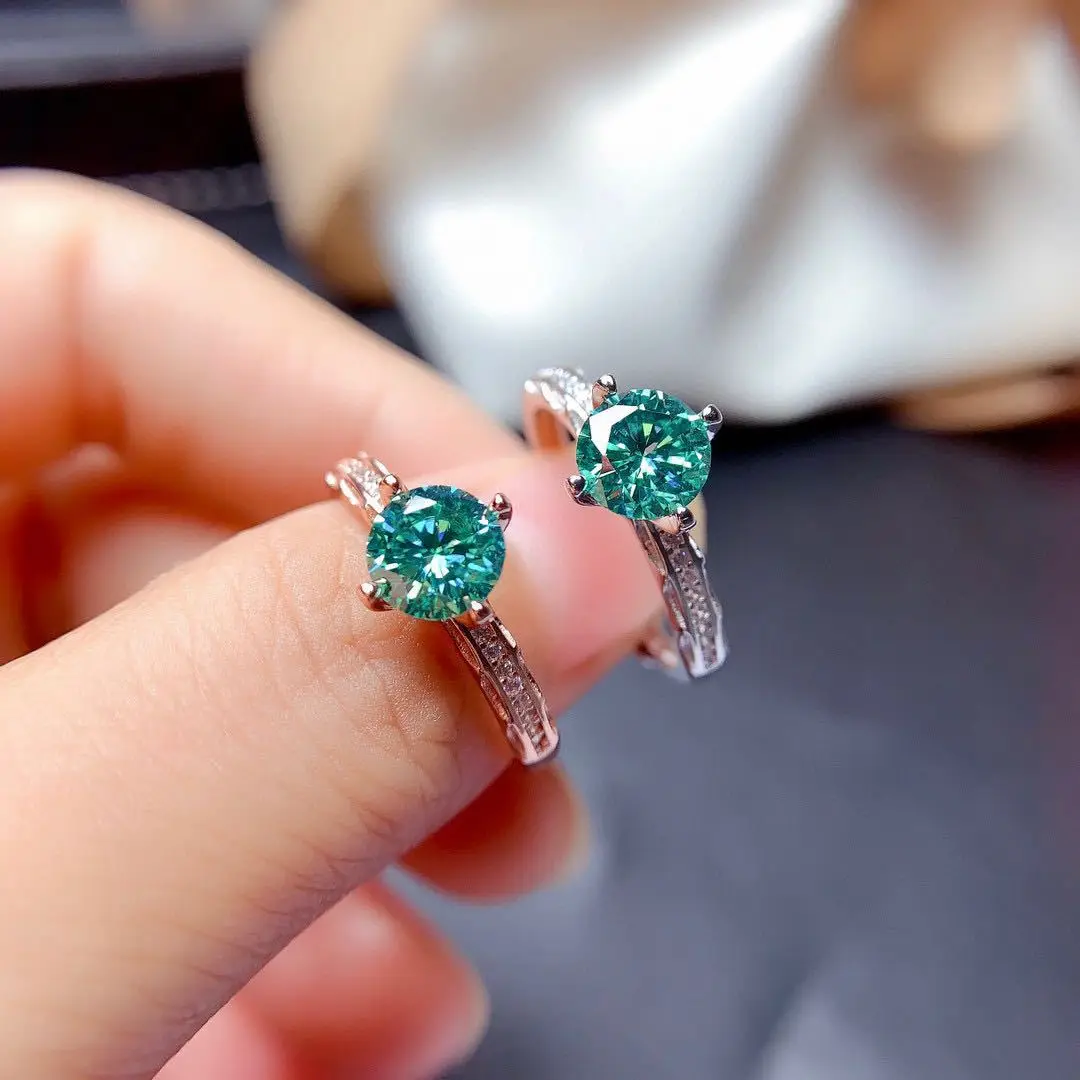 Luxury 1 Carat Silver/Rose Gold Color Created Blue Green Moissanit Stone Resizable Ring For Women Jewelry Engagement Gifts