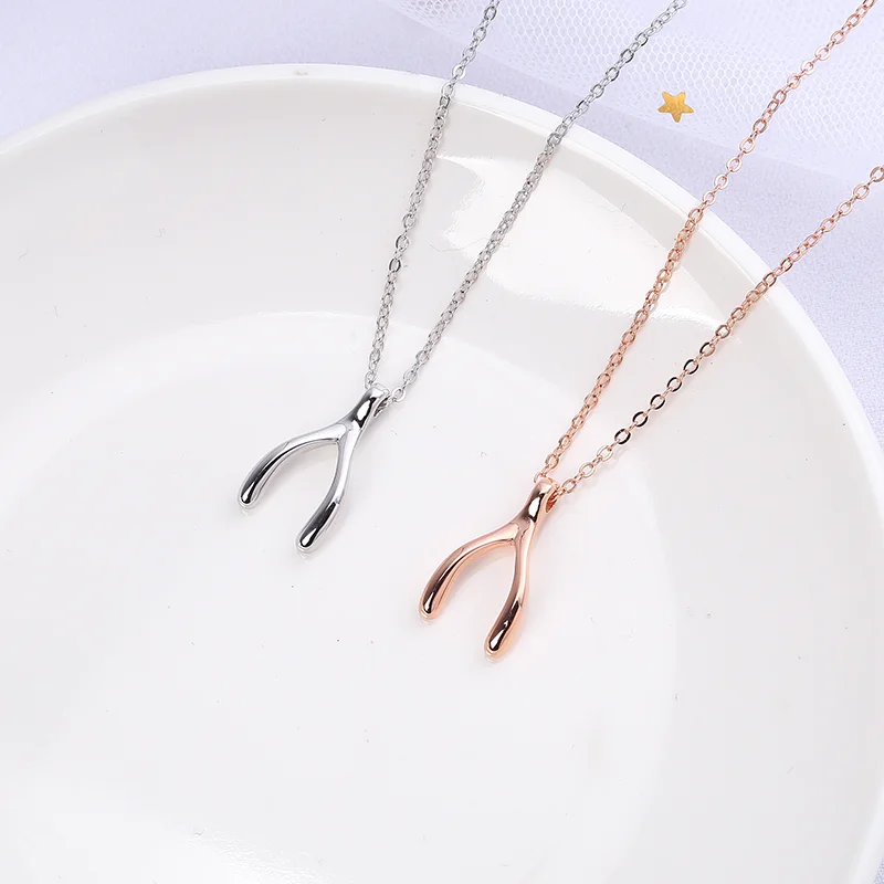 2020 New Wishbone Pendants Necklace 925 Sterling Silver Lucky Guardian Statement Necklace Rose Gold Color Jewelry Clavicle Chain