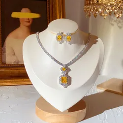 Sterling Fine Jewelry Sets For Women Vintage Bridal Wedding Yellow Cubic Zirconia Necklaces Pendants Drop Earrings