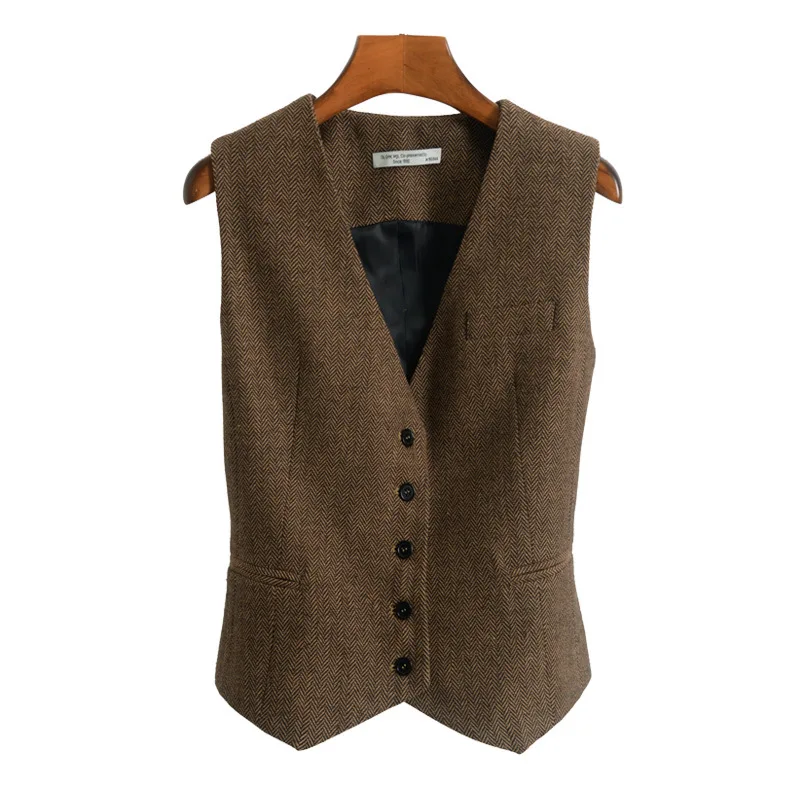 Chaleco de traje de espiga de Tweed para mujer, cuello en V, 4 botones, Retro, ajustado, sin mangas, steampunk