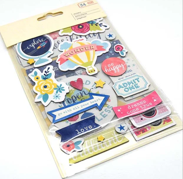 34pcs Wonder Travel  3D Cardstock Die Cut Stickers for Scrapbooking Happy Planner/Card Making/Journaling Project Craft