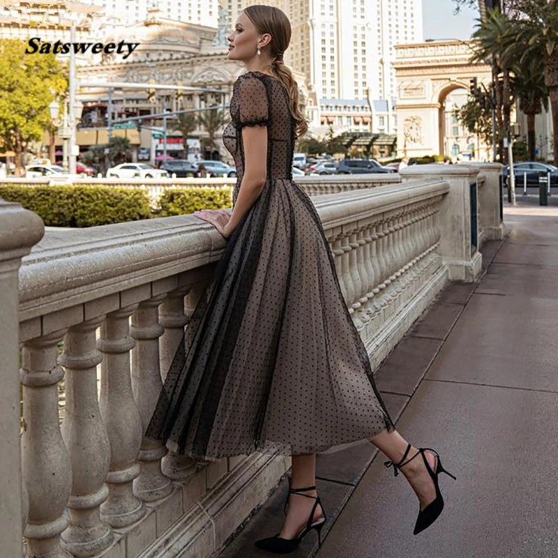 Robe de soirée élégante en Tulle et dentelle à pois, tenue de bal de forme trapèze, longueur cheville