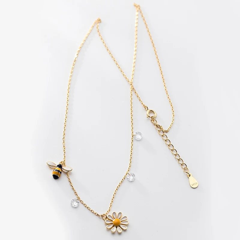 New Arrivals Sterling Silver 925 Bee Charm Necklaces for Women Wedding Jewelry Flower Pendant Long Statement Necklaces Gifts