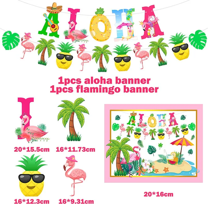 Hawaiian Flamingo Party Decorations ALOHA Happy Birthday Banner Party Tableware Summer Hawaii Tropical Luau Aloha Party Decor