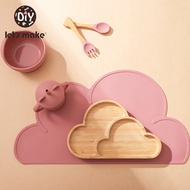 

Let's Make Baby Tableware Set Waterproof Silicone Bowl Spoon Fork Silicone Cup Cloud Shape Wood Plate Placemat With Suction Cup